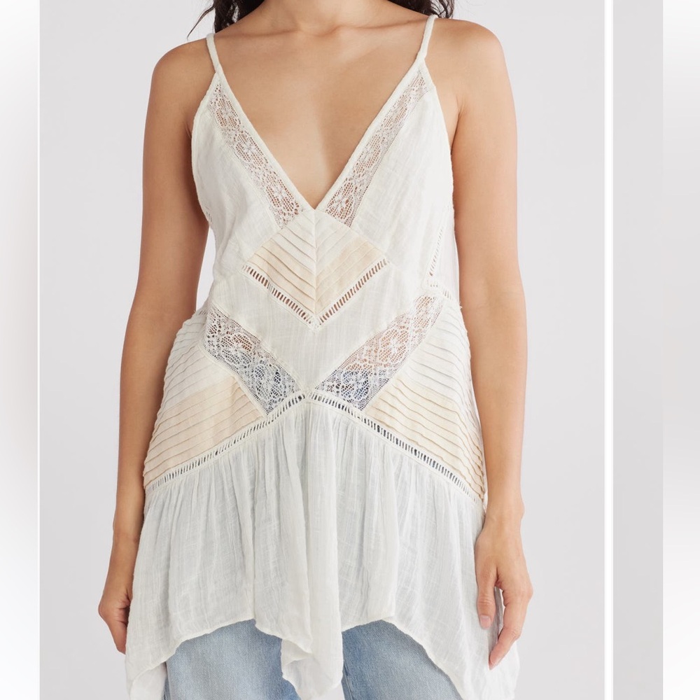 Free People NWT Boho Golden Shores Cotton/Rayon/Lace Vneck Tunic Chemise Tank